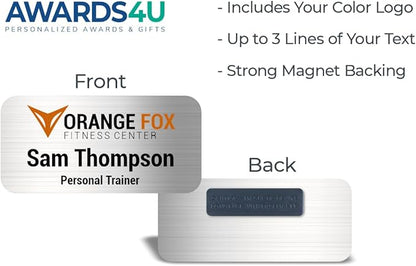 Custom Name Tag with Logo - Personalized Name Badge with Magnet Backing - Choose Your Size and Color (Silver Metal 3"x1.5" - Logo on Top)