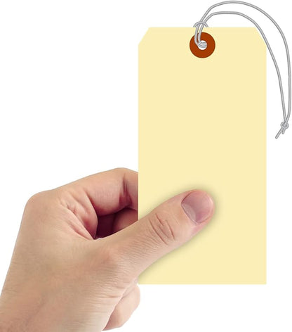 SmartSign Blank Manila Shipping Tags with Elastic Strings - Pack of 100, Size-8, 13pt Thick Pre-Strung Cardstock Tag, 6.25 x 3.125 inch, Paper Hang Tags with Reinforced Fiber Patch