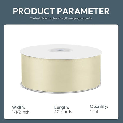 KMER LIFE 1-1/2" Wide x 50 Yards Ivory Single Faced Polyester Satin Ribbon for Wedding Decor, Wreath, Crafts, Gift Wrapping & Other Projects