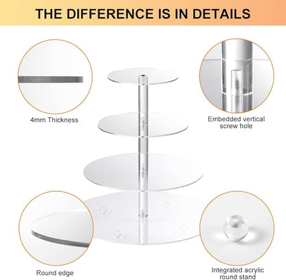 Boxalls Cupcake Stand, 4 Tier Round Acrylic Cupcake Display Stand Holder, Clear Dessert Pastry Tower for Wedding, Birthday, Theme Party, Baby Shower