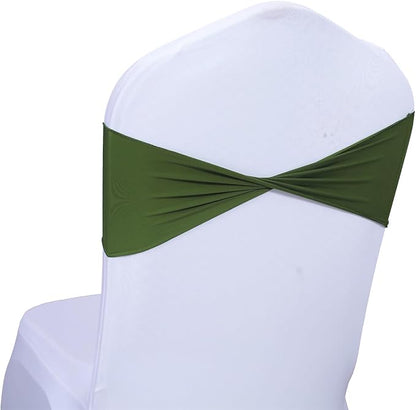 MDS Pack of 75 Spandex Chair Sashes Bows Elastic Stretch Dining Chair Bands Ties Without Slider Buckle Universal fits for Wedding Baby Shower Birthday Party Banquet Event Decoration - Olive Green