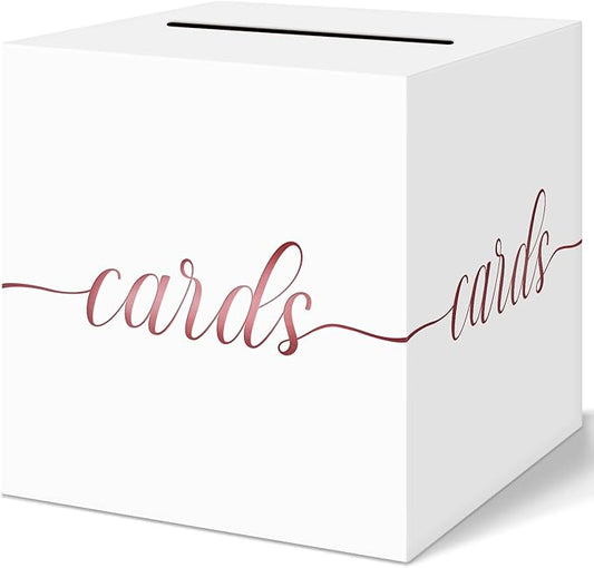 QIKSION White Wedding Card Box, Rose Gold Foil Gift Card Box for Party, Wedding Reception, Graduation, Birthday, Baby Shower, Raffle