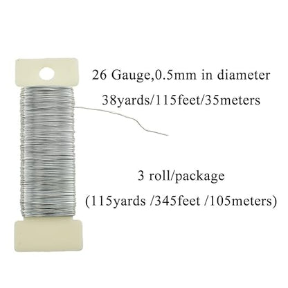 HAHIYO 26Gauge Silver 3 Rolls Total 115 Yards(345 Feet) Metal Floral Wire Flexible Paddle Wire for Crafts Christmas Wreaths Tree Flower Arrangement Bouquet Wrapping Wedding DIY
