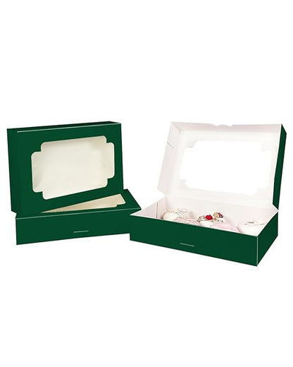 qiqee Auto-pop up Deep Green Cookie Box with Window 12x8x2.5 inch 32 Packs Two Uses One Second Folding Pastry Biscuit Bakery Box for Packaging