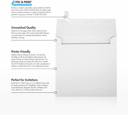 LUXPaper Square Invitation Envelopes | Peel & Press | 5 1/4" x 5 1/4" | Bright White | 70lb. Text | 50 Qty