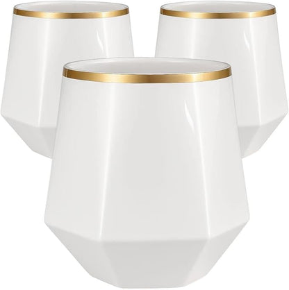 40 count Diamond Unbreakable Stemless Plastic Wine Champagne Whiskey Glasses Elegant Durable Disposable Indoor Outdoor Ideal for Home, Office, Bars, Wedding, 12 Ounce Cups (Diamond White Matte Gold)