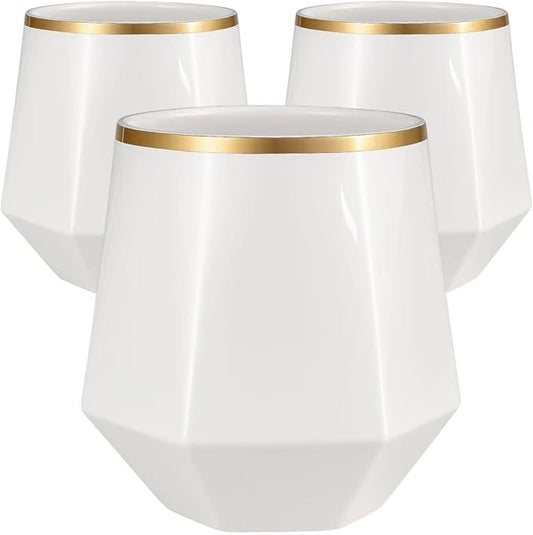 40 count Diamond Unbreakable Stemless Plastic Wine Champagne Whiskey Glasses Elegant Durable Disposable Indoor Outdoor Ideal for Home, Office, Bars, Wedding, 12 Ounce Cups (Diamond White Matte Gold)