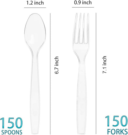 300 Count Plastic Silverware, Heavy Weight Plastic Forks Spoons Disposable Utensils Cutlery Set for Wedding Party Supplies Everyday Use