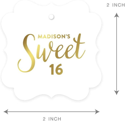 Andaz Press Personalized Fancy Frame Square Birthday Gift Tags, Metallic Gold Ink, Sweet 16 Birthday, 24-Pack, Custom Made Name, Gold Party Decor