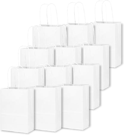 qiqee 50-Packs White Paper Gift Bags with Handles Bulk 4.5"x2.5"x6" Mini Size Party Favor Bags Multiple Uses