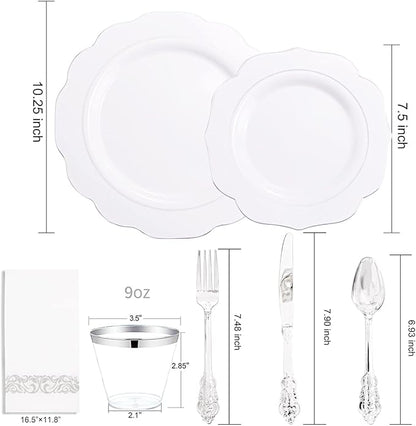 NOCCUR 175pcs Silver Plastic Plates - Silver Rim Plastic Tableware Include 25 Dinner/Dessert Plates, 25 Forks, 25 Knives, 25 Spoons for Wedding/Party/Christmas