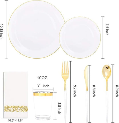 Supernal 350pcs Gold Plastic Dinnerware Set for 50 Guests,Fancy Disposable Plates for Party,Gold Plastic Silverware with White Handle,Disposable White Plates Wedding,Birthday