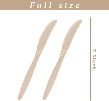 100% Compostable Knives 50 Count,Disposable Knives No Plastic Knives Heavy Duty Silverware, BPA-Free Cutlery Flatware Utensils Ecofriendly,Light Brown