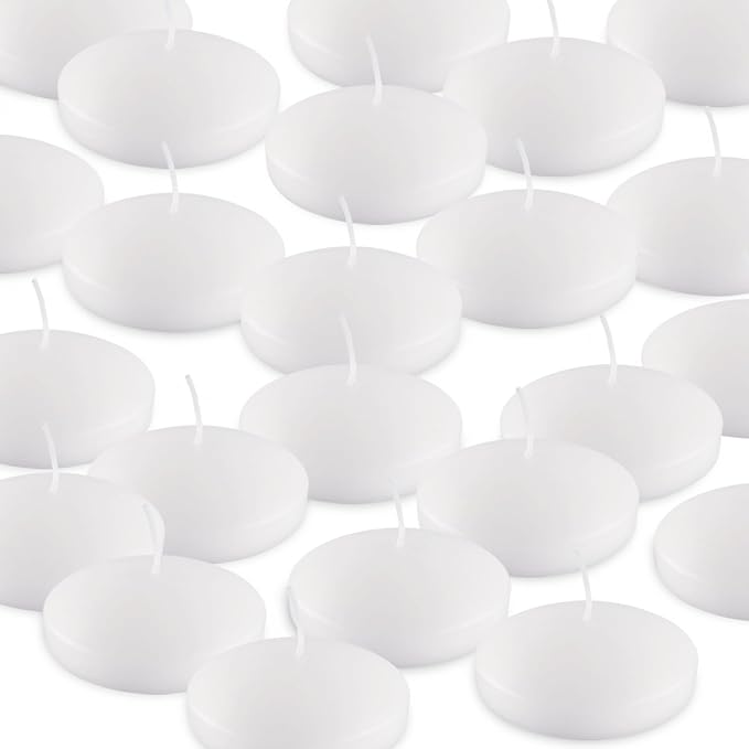 10 Hour Floating Candles, 3'' White Unscented Dripless Wax Discs, for Cylinder Vases, Centerpieces at Wedding, Party, Pool, Holiday (24 Set)