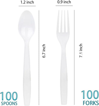 200 Count White Plastic Silverware, Heavy Weight Plastic Forks Spoons Disposable Utensils Cutlery Set for Wedding Party Supplies Everyday Use