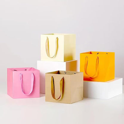 Beige Yellow Paper Gift Bag Small Square Bottom Kraft Carboard Paper Bags With Handles (Beige Yellow, 6 x 6 x 6 in, 10 CT)