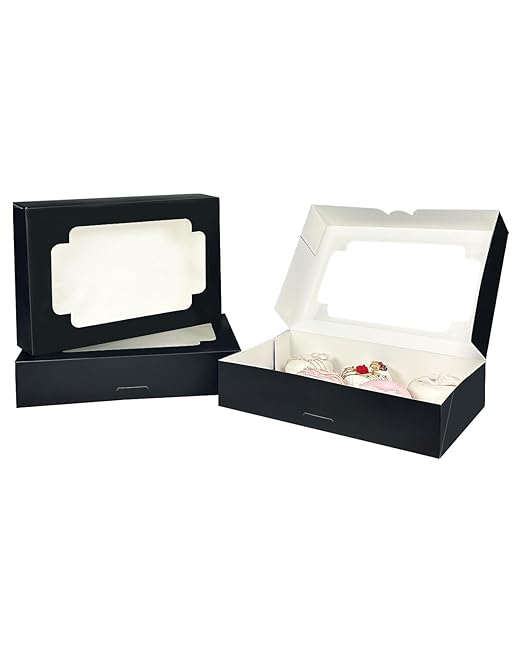 qiqee Auto-pop up Black Cookie Box with Window 12x8x2.5 inch 18 Packs Two Uses One Second Folding Pastry Biscuit Bakery Box for Packaging