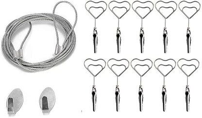 Multi-Purpose Steel Wall Hanging Photo Display Cable Wire Rod with 12 Adjustable Clips for Hanging Photos Notes Postcard and Artworks (Heart)
