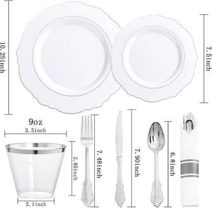 Liacere 350PCS Silver Plastic Plates-Disposable White and Silver Plates 50guest Baroque Plastic Dinnerware Set include 100Plates, 50Pack Pre Rolled Napkins with Silverware 50Cups Perfect for Chrismas