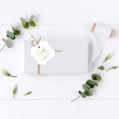 Andaz Press Personalized Fancy Frame Square Wedding Gift Tags, Metallic Gold Ink, Love is Sweet Take a Treat, 24-Pack, Custom Made Any Name, Gold Party Supplies