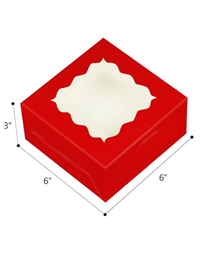 Bakepacker 100pcs Red Cookie Boxes 6x6x3 inches Easy Assemble Macaroon Pastry Boxes Bakery Boxes with Window for Bakery