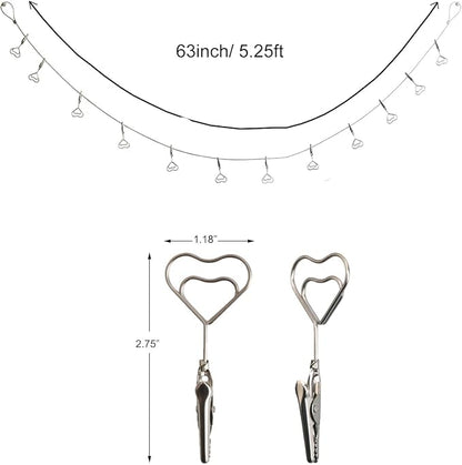 Multi-Purpose Steel Wall Hanging Photo Display Cable Wire Rod with 12 Adjustable Clips for Hanging Photos Notes Postcard and Artworks (Heart)