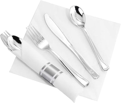 Supernal 60 Pack Silver Plastic Silverware,Pre Rolled Silverware,Premium Disposable Silver Cutlery,Suit for Wedding,Catering Event,Birthday,Party
