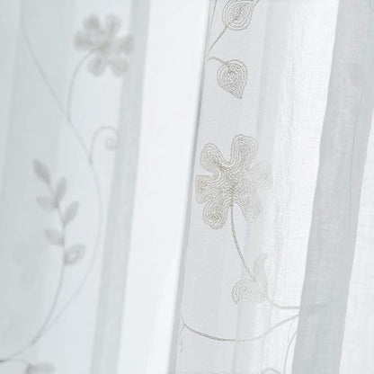 Sheer Curtains White 95 Inches Embroidered Floral, Window Treatments Rod Pocket Drapes for Living room, Bedroom, Semi Crinkle Voile Curtain Panels for Yard, Patio, Villa, Parlor, Set of 2, 52"x95".