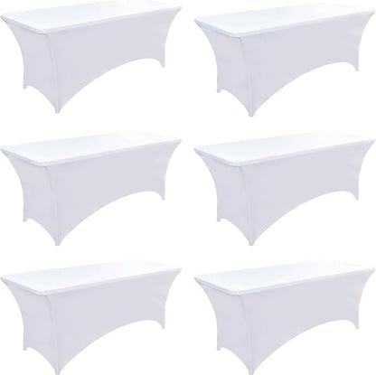 6-Pack 6ft White Spandex Table Covers for Rectangle Standard Folding Tables - Wrinkle Resistant Stretch Tablecloths - Ultimate Fitted Table Protector for Parties, Trade Shows, Wedding