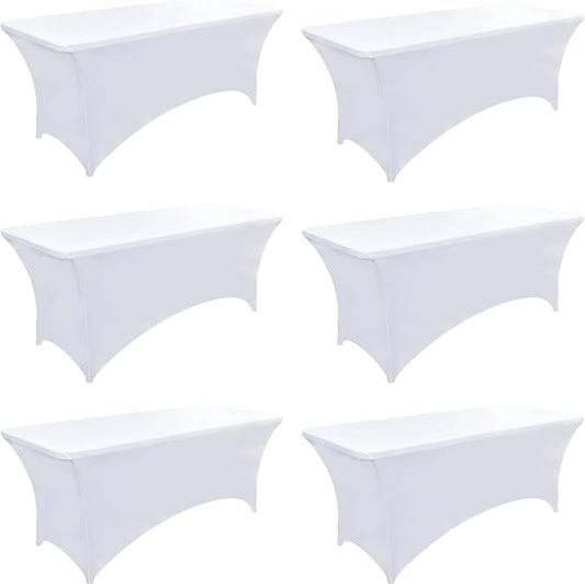 6-Pack 4ft White Spandex Table Covers for Rectangular Folding Tables - Wrinkle Resistant Stretch Tight Table Cloths - Ultimate Fitted Table Protector for Parties, Trade Shows, and Wedding