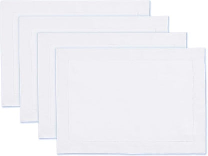 100% Pure Linen White Placemats 14 x 19 Inch - Hemstitch Christmas Placemats Set of 4 - Cloth Fabric Placemats for Thanksgiving, Winter, New Year - Elara