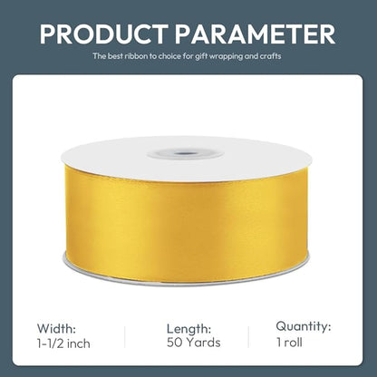 KMER LIFE 1-1/2" Wide x 50 Yards Yellow Satin Ribbon - Perfect for Wedding Decor, Wreath, Crafts, Gift Wrapping & Other Projects