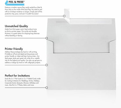 LUXPaper A7 Invitation Envelopes | Peel & Press | 5 1/4" x 7 1/4" | Gray | 80lb. Text | 100% Cotton | 50 Qty