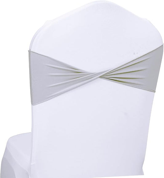 MDS Pack of 50 Spandex Chair Sashes Bows Elastic Stretch Dining Chair Bands Ties Without Slider Buckle Universal fits for Wedding Baby Shower Birthday Party Banquet Event Decoration - Light Silver