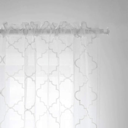 Embroidered Moroccan Tile Lattice Design Sheer Curtains White 45 Inch Length, Rod Pocket Voile Drapes for Living room, Bedroom, Window Treatments Semi Curtain Panels for Yard, Set of 2, 52"x 45".