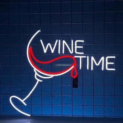 Wine Time Neon Sign Wall Art, Custom Wine Glass Led Sign, Wine Bar Room Neon Light, Wine Time Signage Decor, Open Sign For Wine Store Light Size:20inch