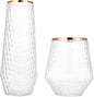 48 Pack Ribbed Origami Ripple Plastic Glasses 24 9oz Stemless Champagne Flutes & 24 12oz Cups BPA-Free, Disposable, Shatterproof Drinkware for Weddings, Bars, Events (Hammered Diamond Gold Rim)