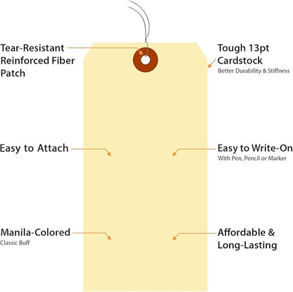 SmartSign Blank Manila Shipping Tags with Wire, Size-8, Pack of 100, 13pt Thick Prewired Cardstock Tag, 6.25 x 3.125 inch Paper Hang Tags with Reinforced Fiber Patch