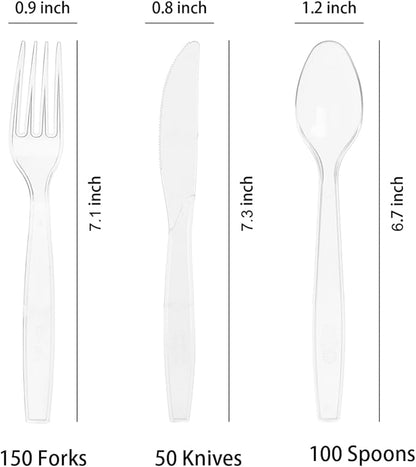 300 Count Clear Plastic Silverware, Heavy Weight Plastic Forks Spoons Knives Disposable Utensils Cutlery Set for Wedding Party Supplies Everyday Use