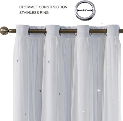 Ombre Rainbow Blackout Curtains for Kid Girls Bedroom Living Room Darking Stripe Double Layer Star Cut Out Wall Home Decor Gradient Grommet Window Curtains (Greywish White 84)