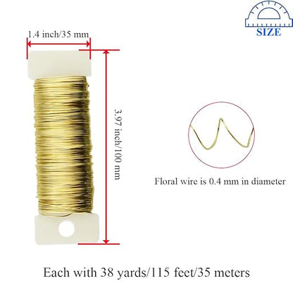 HAHIYO 26Gauge Golden Metal Floral Wire - 3 Rolls, 115 Yards (345 Feet) - Flexible Paddle Wire for Craft, Christmas Wreath, Flower Arrangement, Bouquet Wrapping, Wedding, DIY