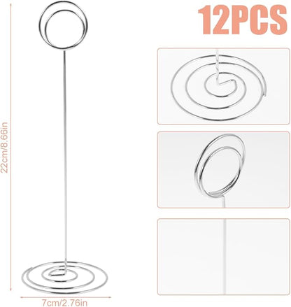12Pcs Table Number Holder 8.66inch Tall Metal Iron Place Card Holder Lightweight Picture Holder Stand Portable Round Shape Photo Memo Note Holder for Office Wedding Party