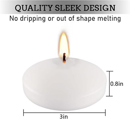 10 Hour Floating Candles, 3'' White Unscented Dripless Wax Discs, for Cylinder Vases, Centerpieces at Wedding, Party, Pool, Holiday (24 Set)