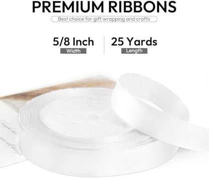 5/8 Inch 25 Yards Satin Ribbon White, Solid Color Fabric Ribbon for Gift Wrapping, Wedding, Polyester Gift Ribbon for Birthday Party Decoration, Craft, Hair, Floral, Sewing