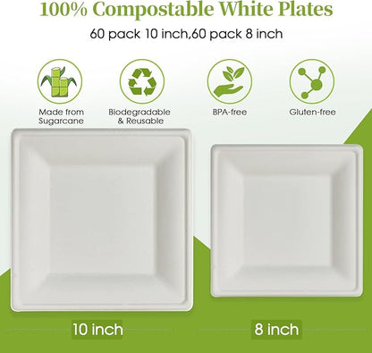 ECOLipak 120 Pack Compostable Paper Plates, 10 inch and 8 inch Heavy Duty Eco friendly Sugarcane Biodegradable Disposable Square Plates for Party Dinner Birthday