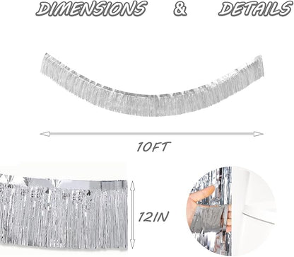 Silver Foil Fringe Garland 10FT 2packs, Metallic Foil Tinsel Fringe Banners for Parade Float Decorations Wedding, Birthday Party Graduation (Two Silver)