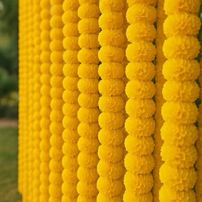 Artificial Marigold Flowers Garland for Diwali Decoration, American Wedding Party, Mantle Decoration, Faux Garlands, Wedding Garland, Spring Bush Floral - 5 String - (Yellow | 4 to 4.5 ft) Hashcart®