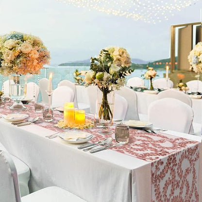Sequin Table Runners 2 Pieces Rose Gold Flower Table Runners 12x72 Inch Glitter Dining Table Cover for Party Wedding Birthday Reception Banquet Decoration Spring Party Chair Sashes