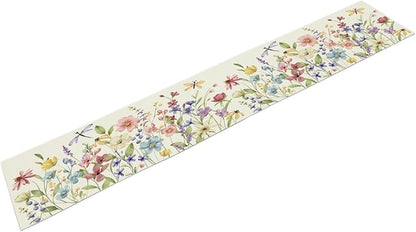 Watercolor Floral Table Runner, Colorful Spring Summer Nature Flower Dragonfly Pattern Print Table Runner for Kitchen Dinning Table Runner Decor Home Wedding Party Holiday, 13x70 Inch