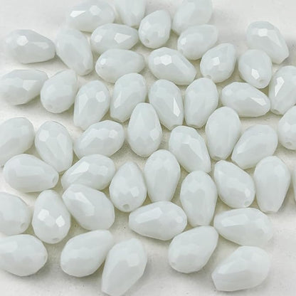 130pcs 6x8mm Teardrop Crystal Glass Beads for Jewelry Making, Faceted Vertical Hole Teardrop Glass Spacer Beads for Wind Chimes Bracelet Earring Necklace DIY Craft(White)